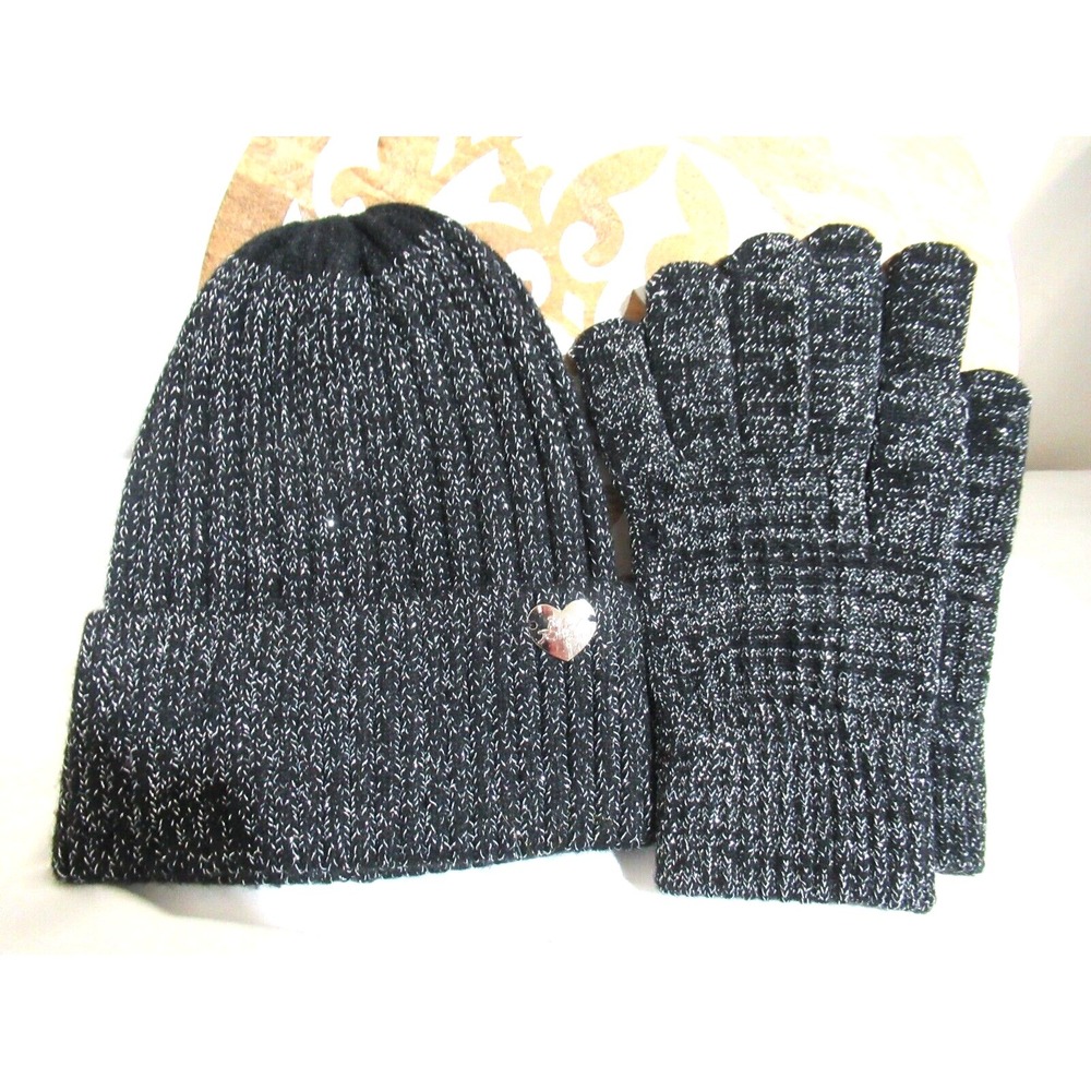 BETSEY JOHNSON BEANIE & GLOVE SET METALLIC BLACK OSFM MSRP $58.00